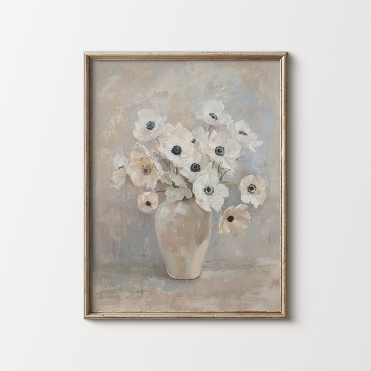 Framed painting of a vase with white flowers on a light background