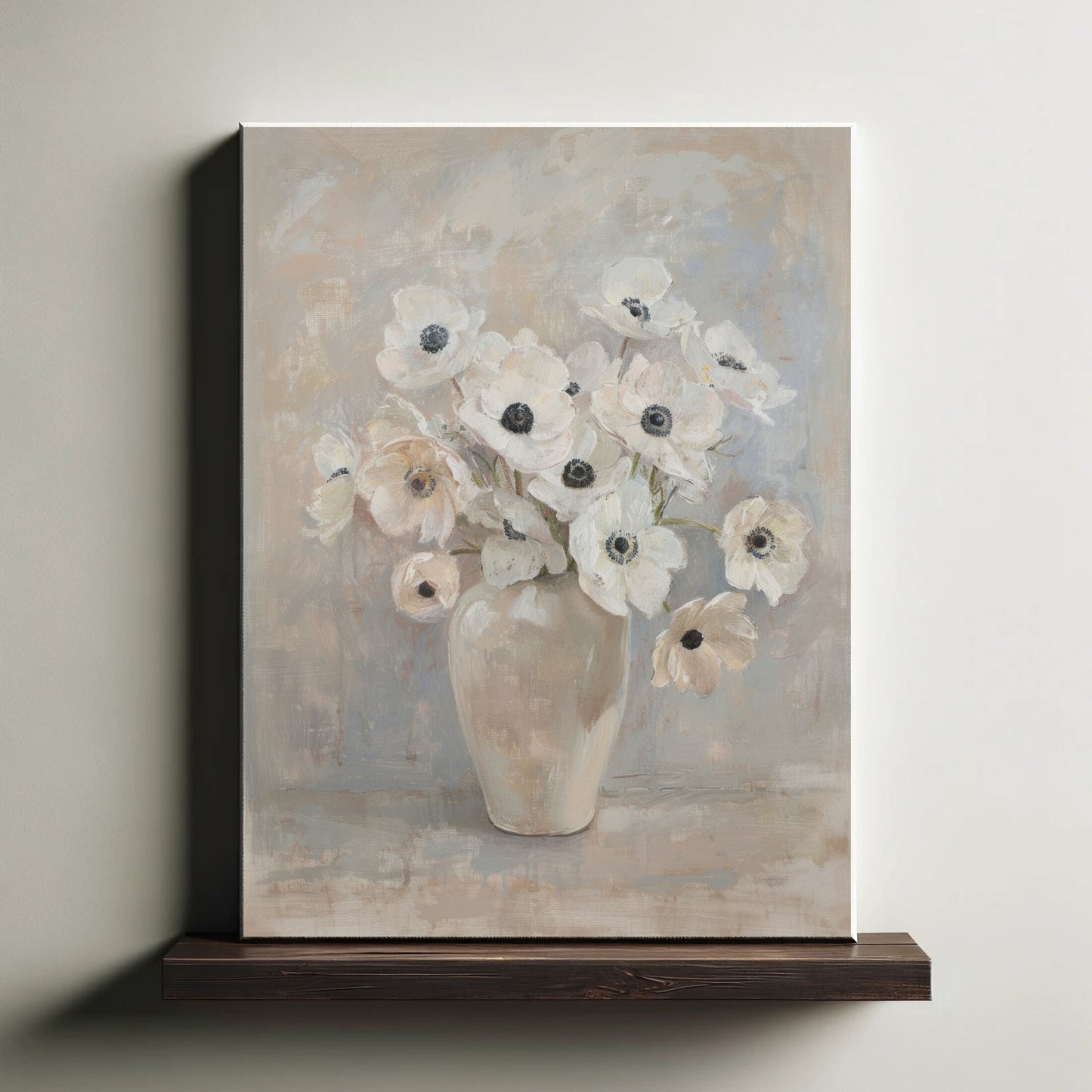 Painting of a vase with white flowers on a neutral background