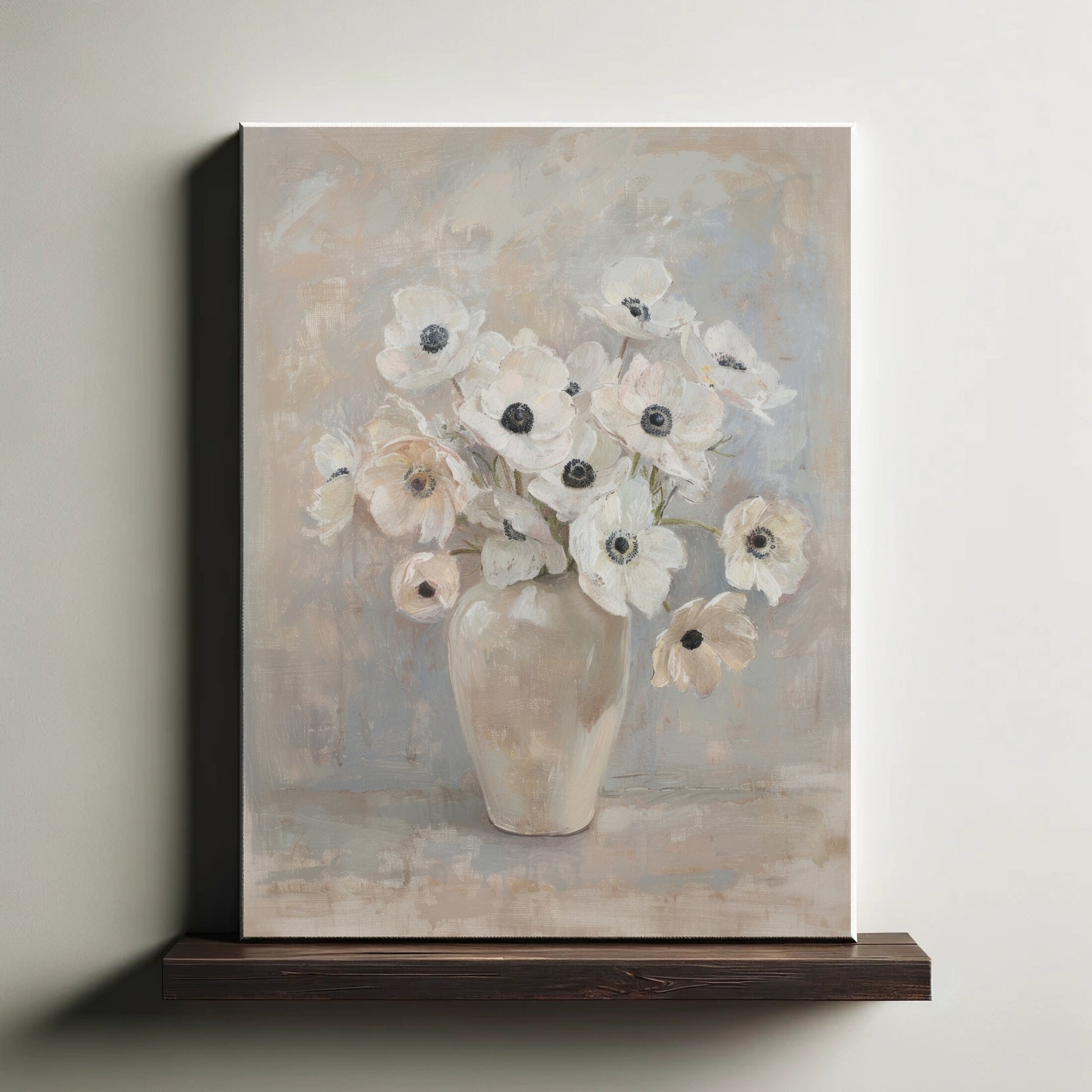 Painting of a vase with white flowers on a neutral background