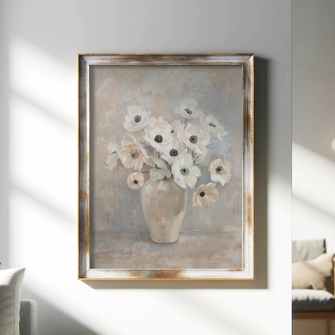 Framed painting of flowers on a wall