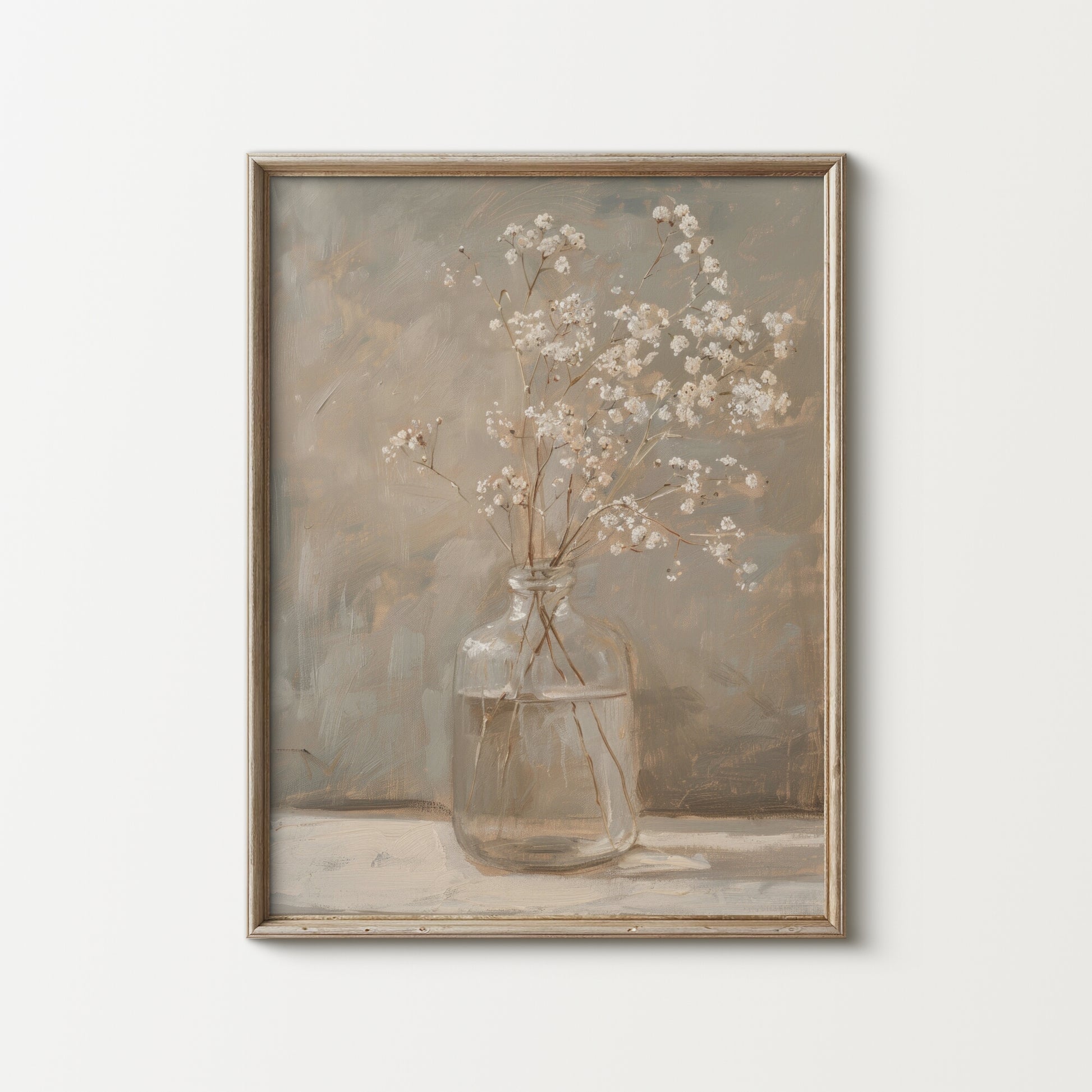 Framed artwork of a glass vase with flowers on a neutral background
