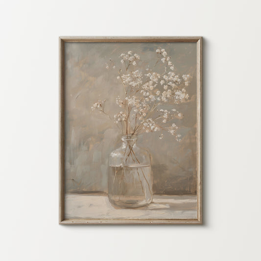 Framed artwork of a glass vase with flowers on a neutral background