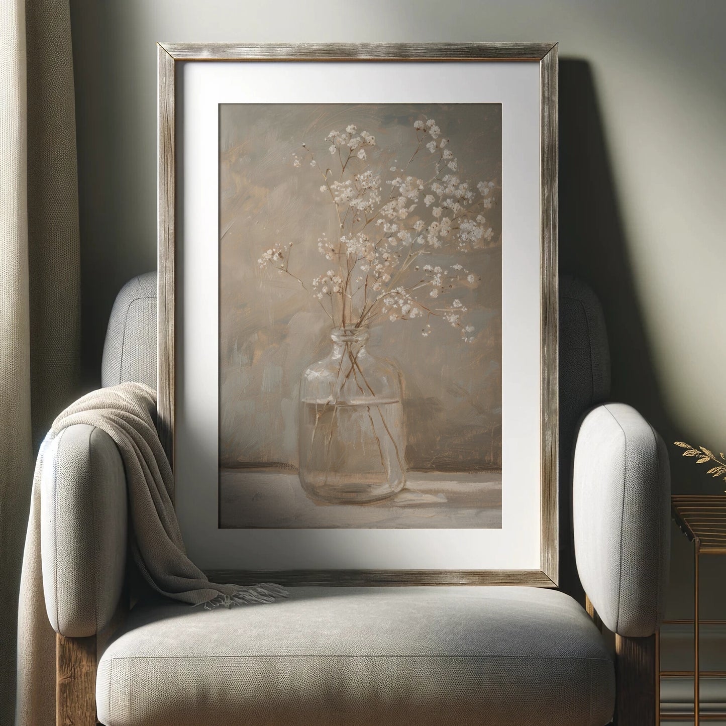Framed painting of a vase with flowers on a chair
