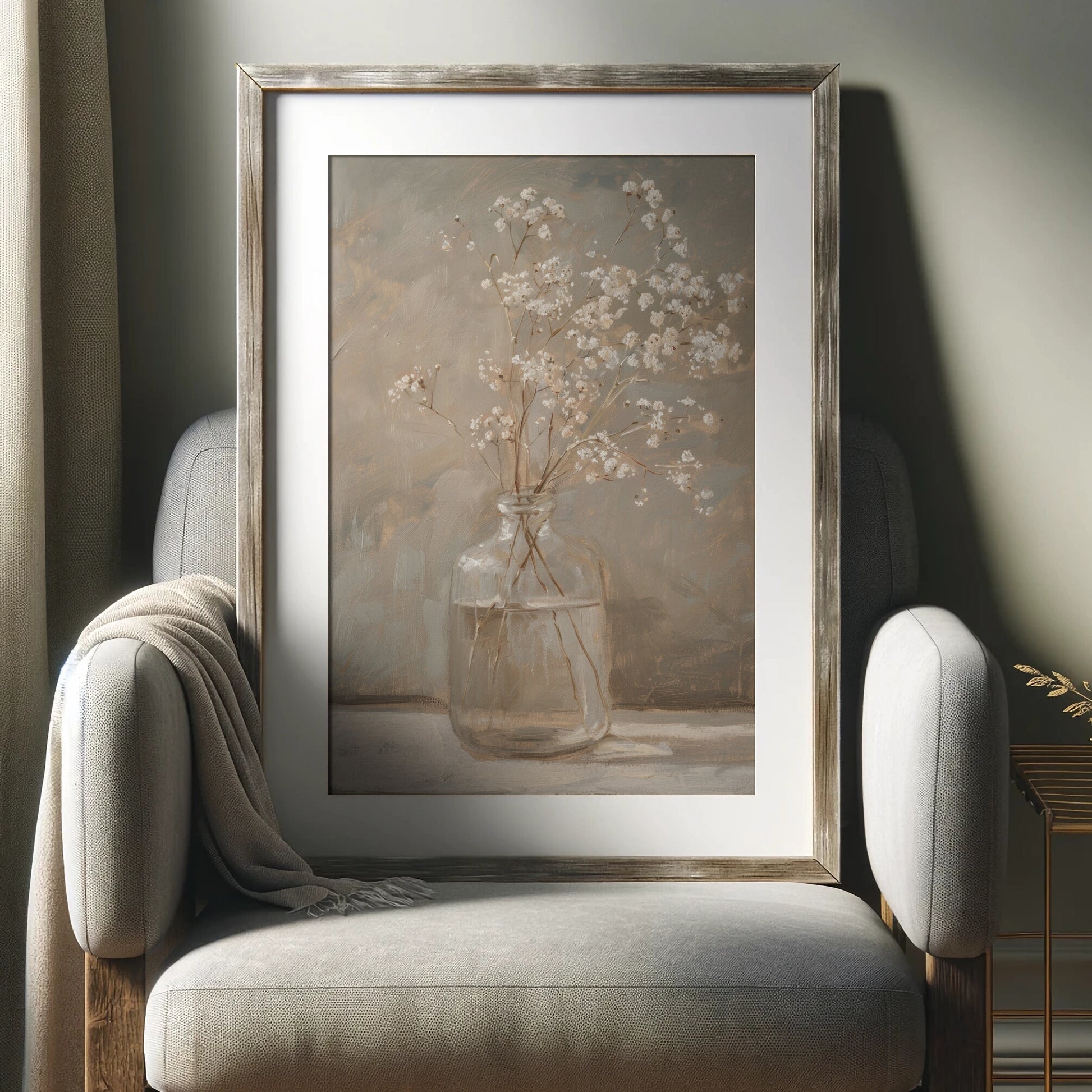 Framed painting of a vase with flowers on a chair