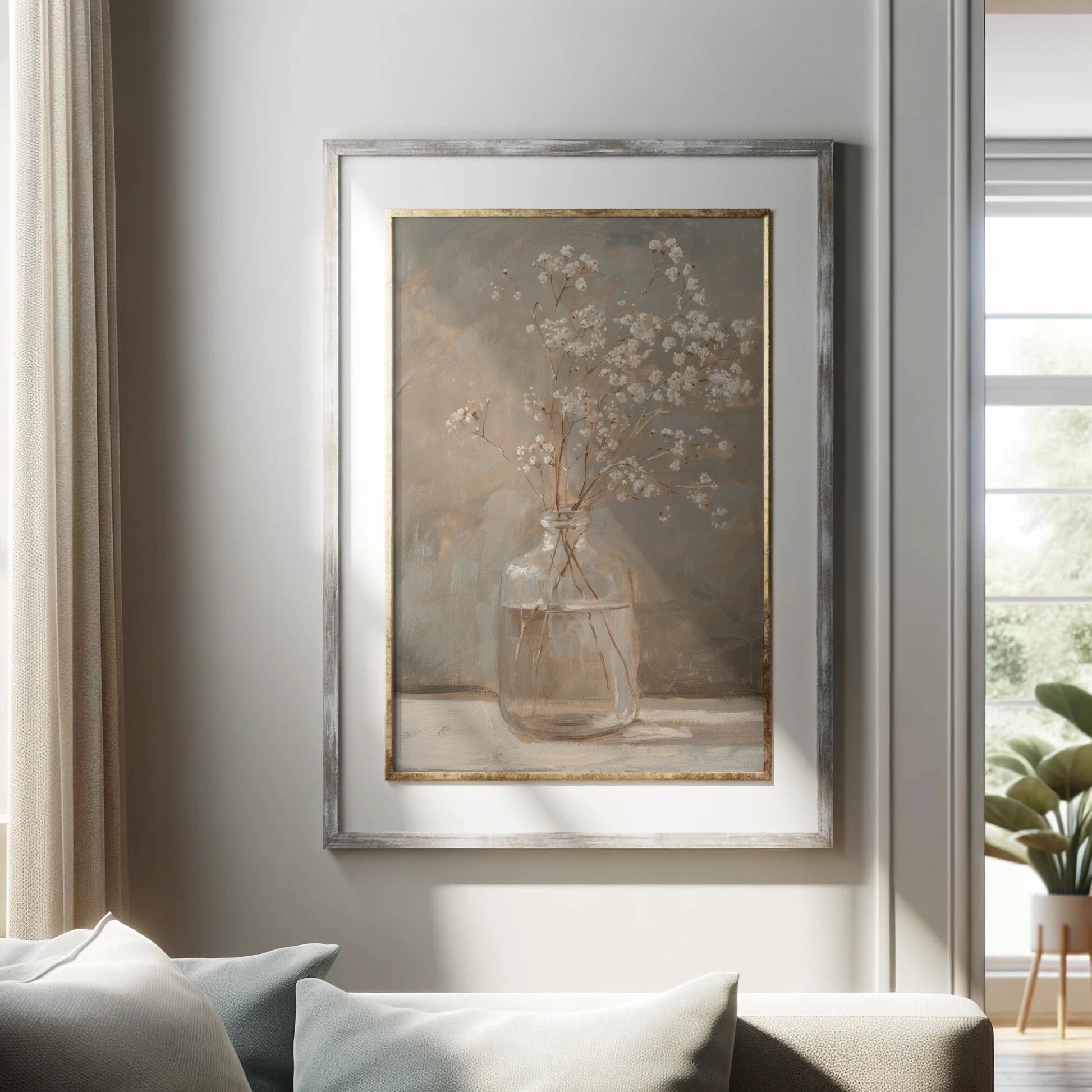 Framed artwork of a still life with a vase and flowers on a wall in a living room.