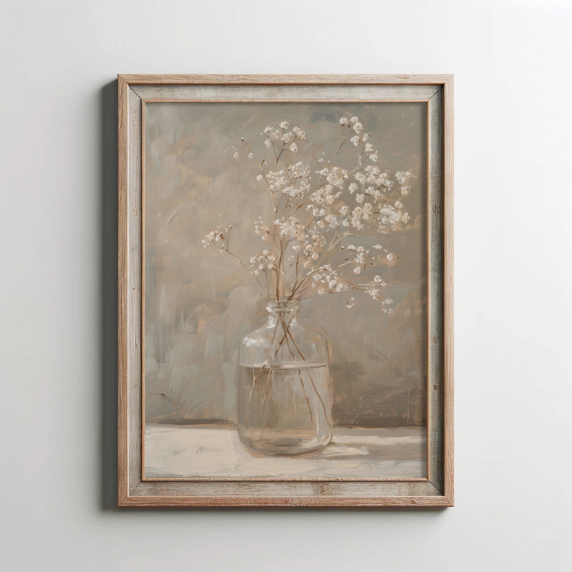 Framed painting of a vase with flowers on a neutral background