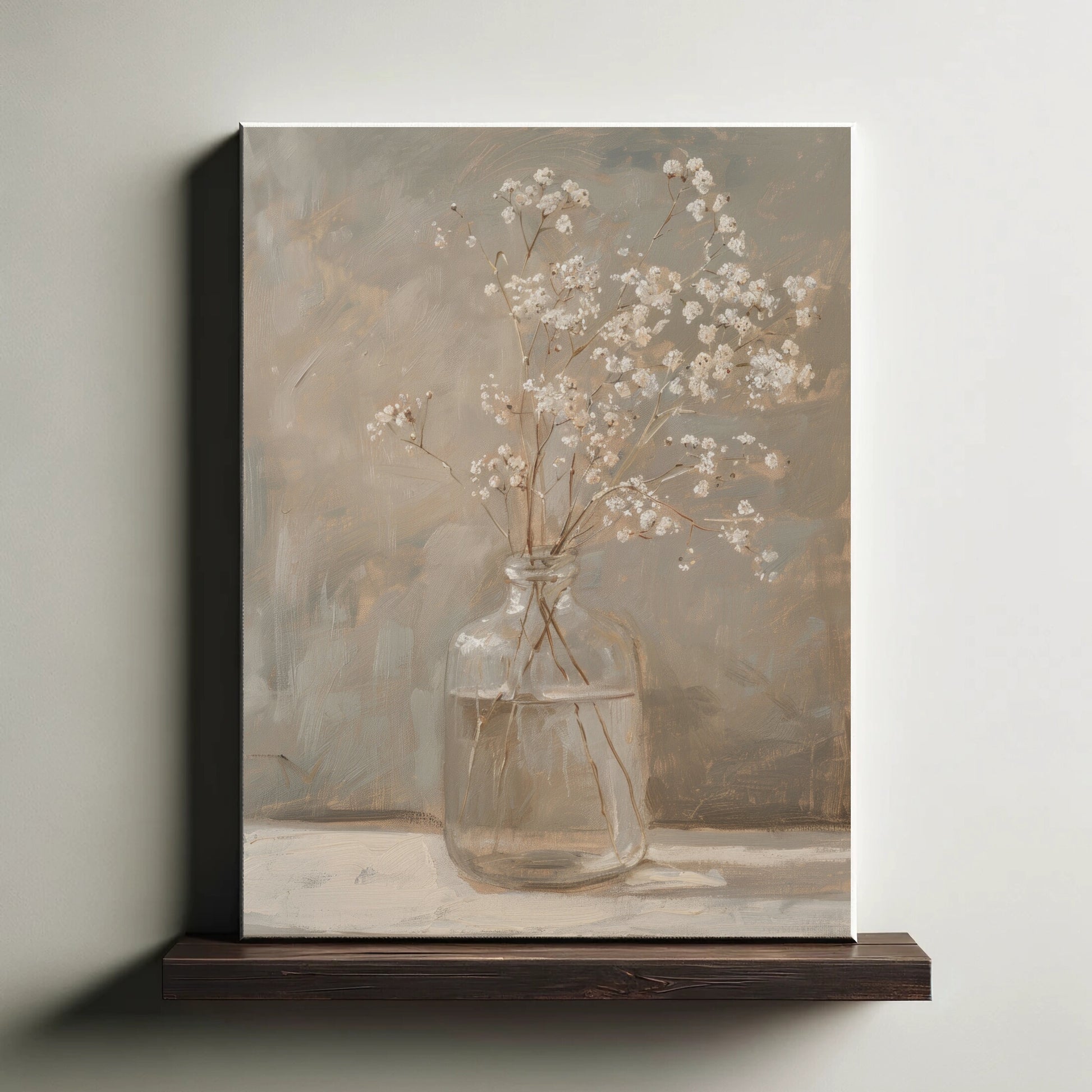 Canvas print of a still life with a glass jar and flowers on a wooden shelf.