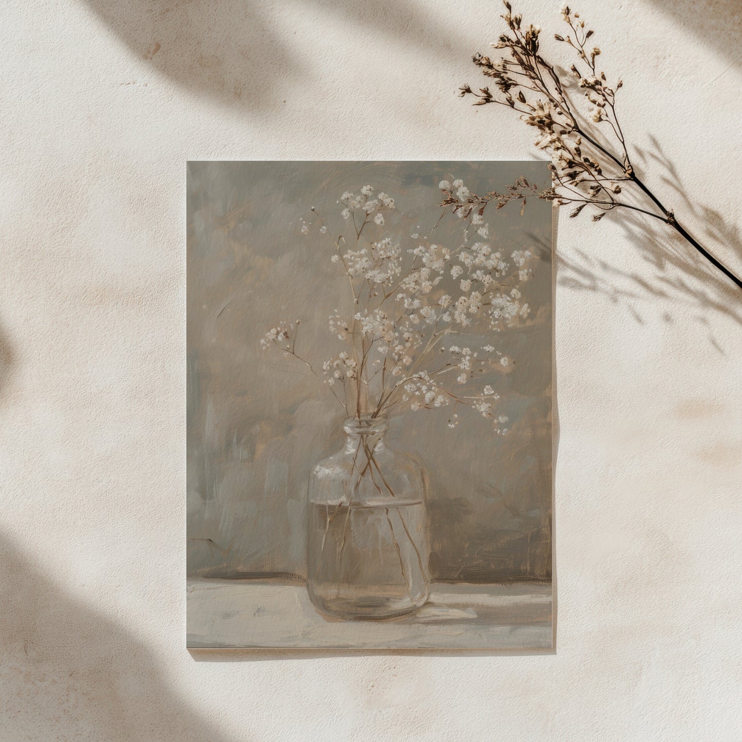 Framed painting of a glass vase with flowers on a textured wall.