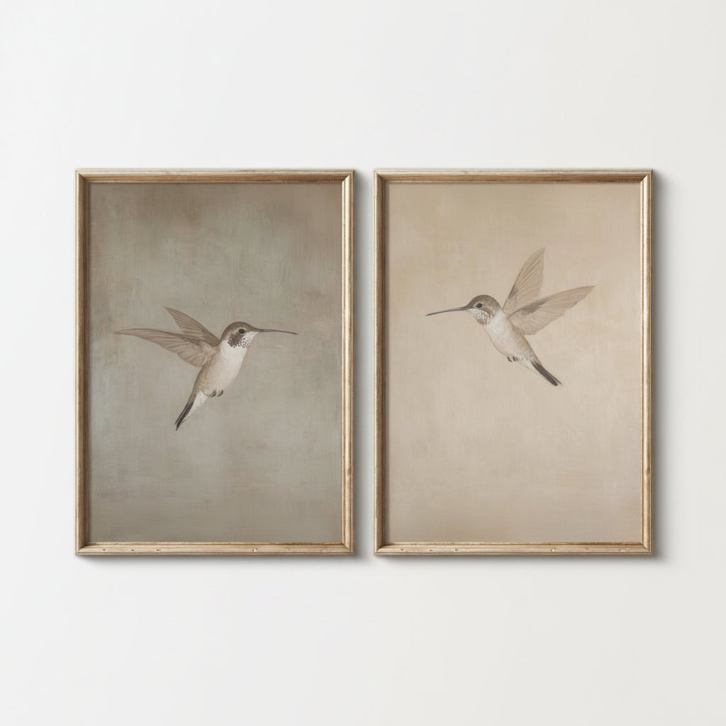 Two framed prints of hummingbirds on a white background