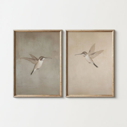 Two framed prints of hummingbirds on a white background