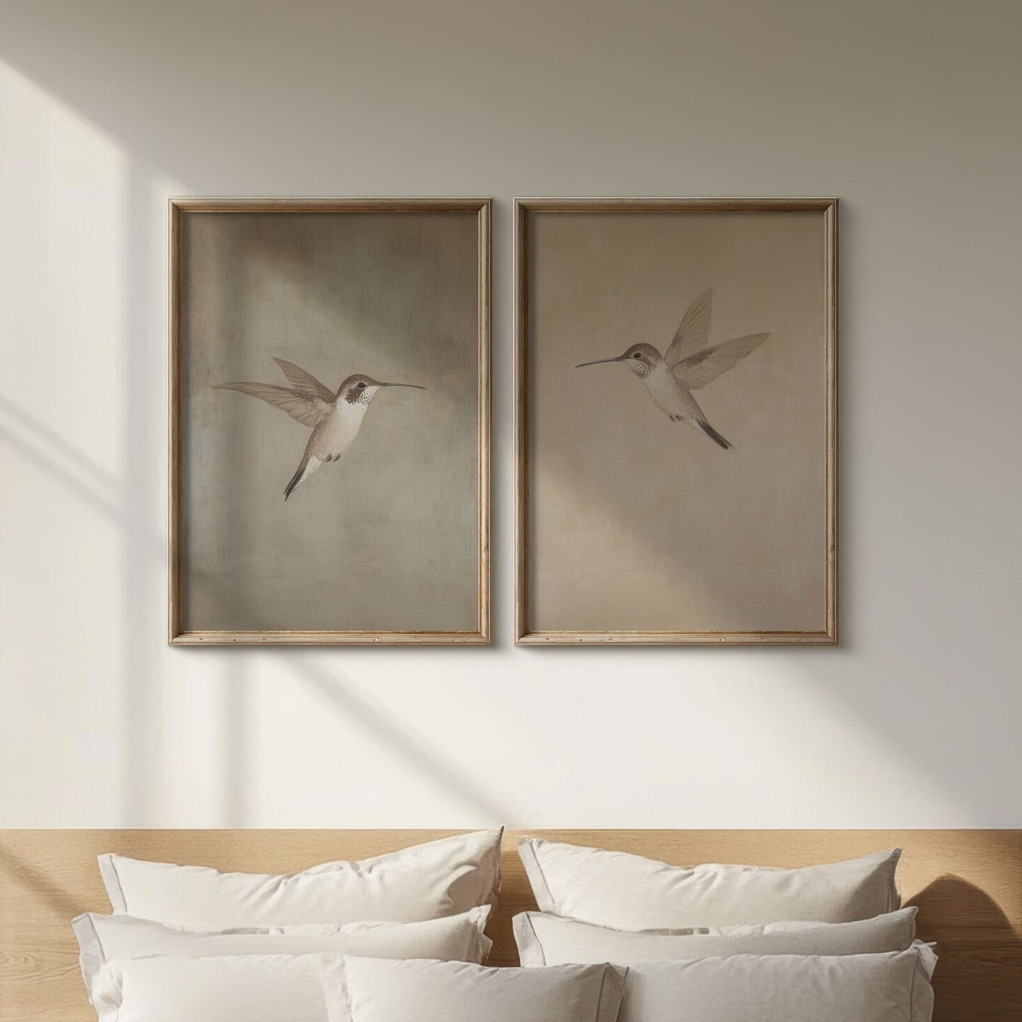 Two framed artworks of hummingbirds on a wall above a bed with white pillows.