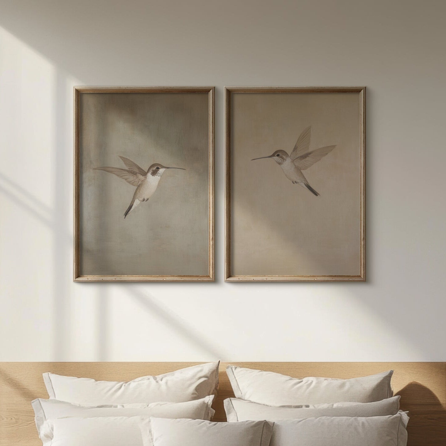 Two framed artworks of hummingbirds on a wall above a bed with white pillows.