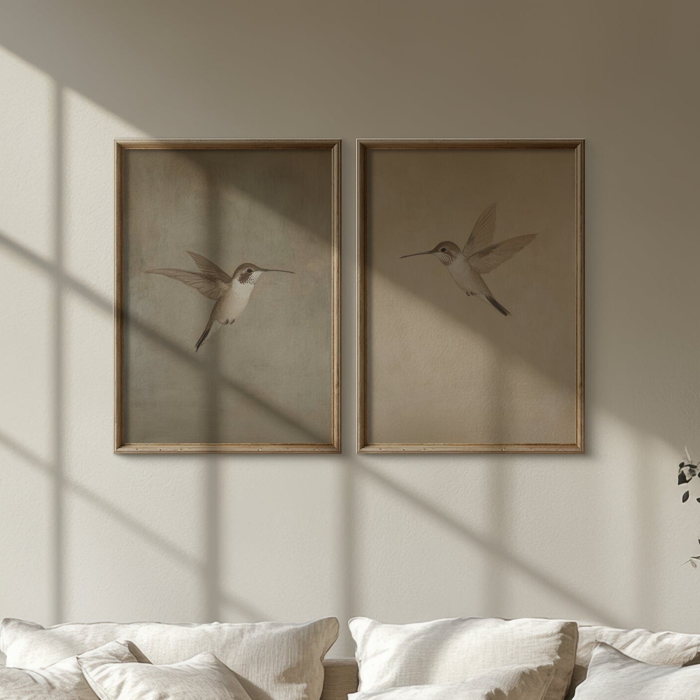 Two framed artworks of birds on a wall with soft lighting