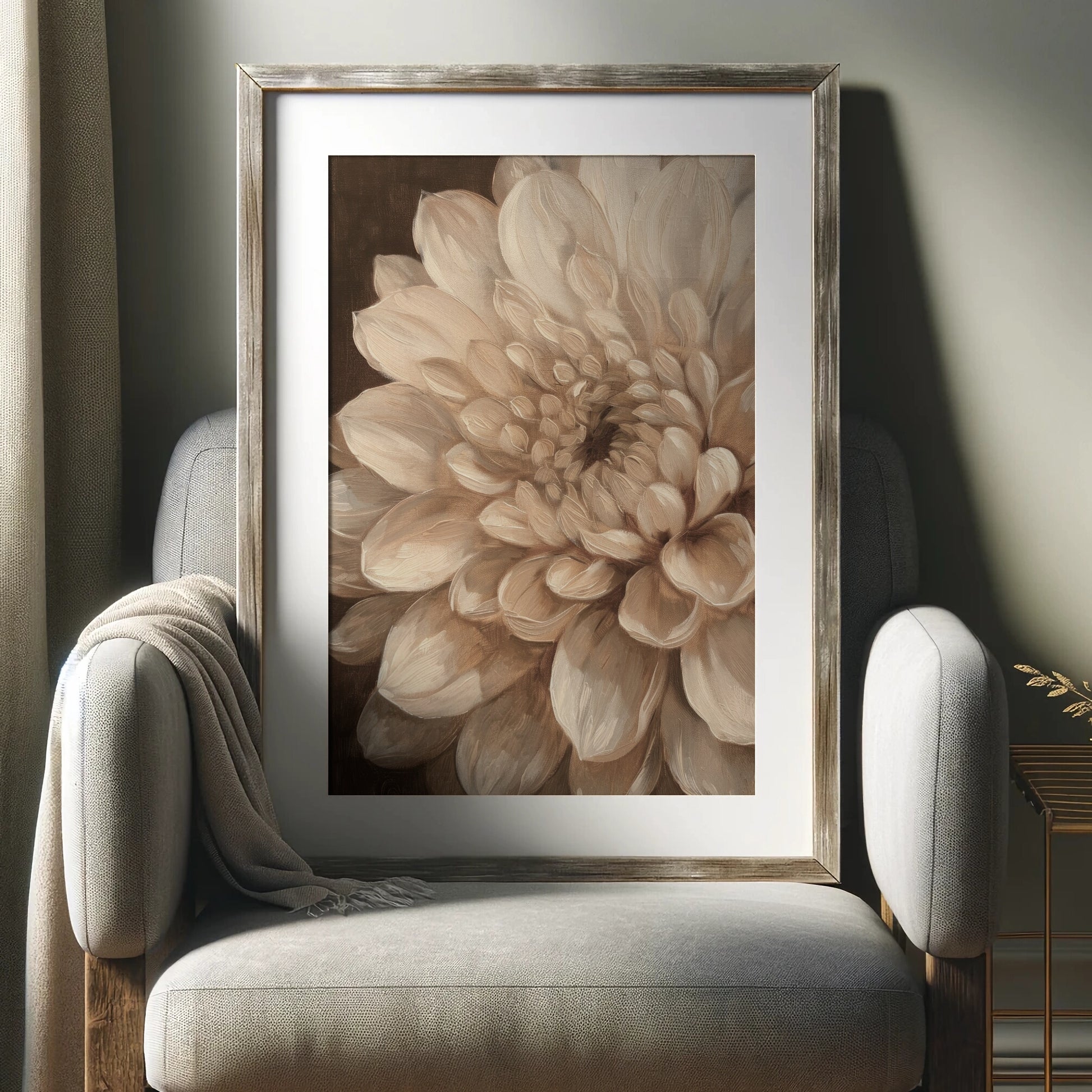 Framed floral artwork on a wall above a chair