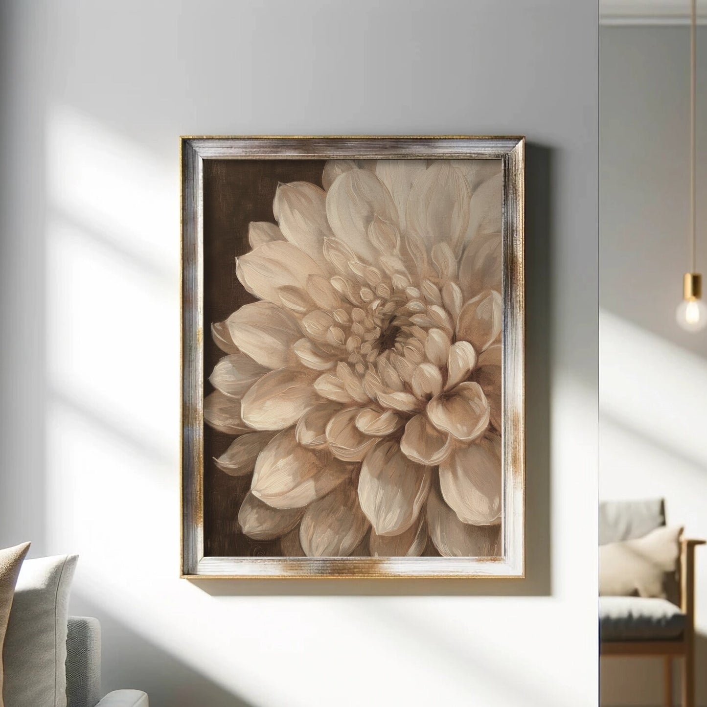 Framed floral artwork on a wall in a living room setting