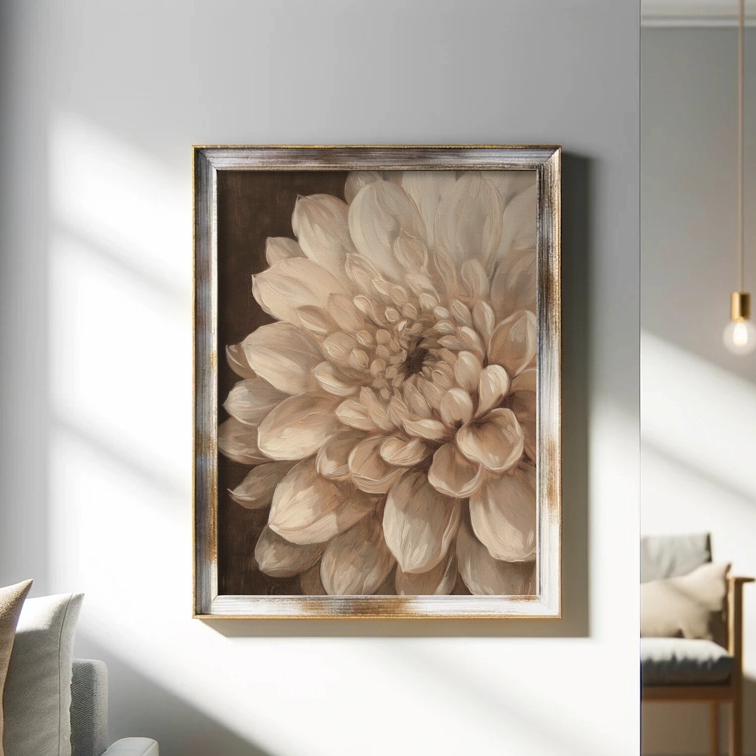 Framed floral artwork on a wall in a living room setting