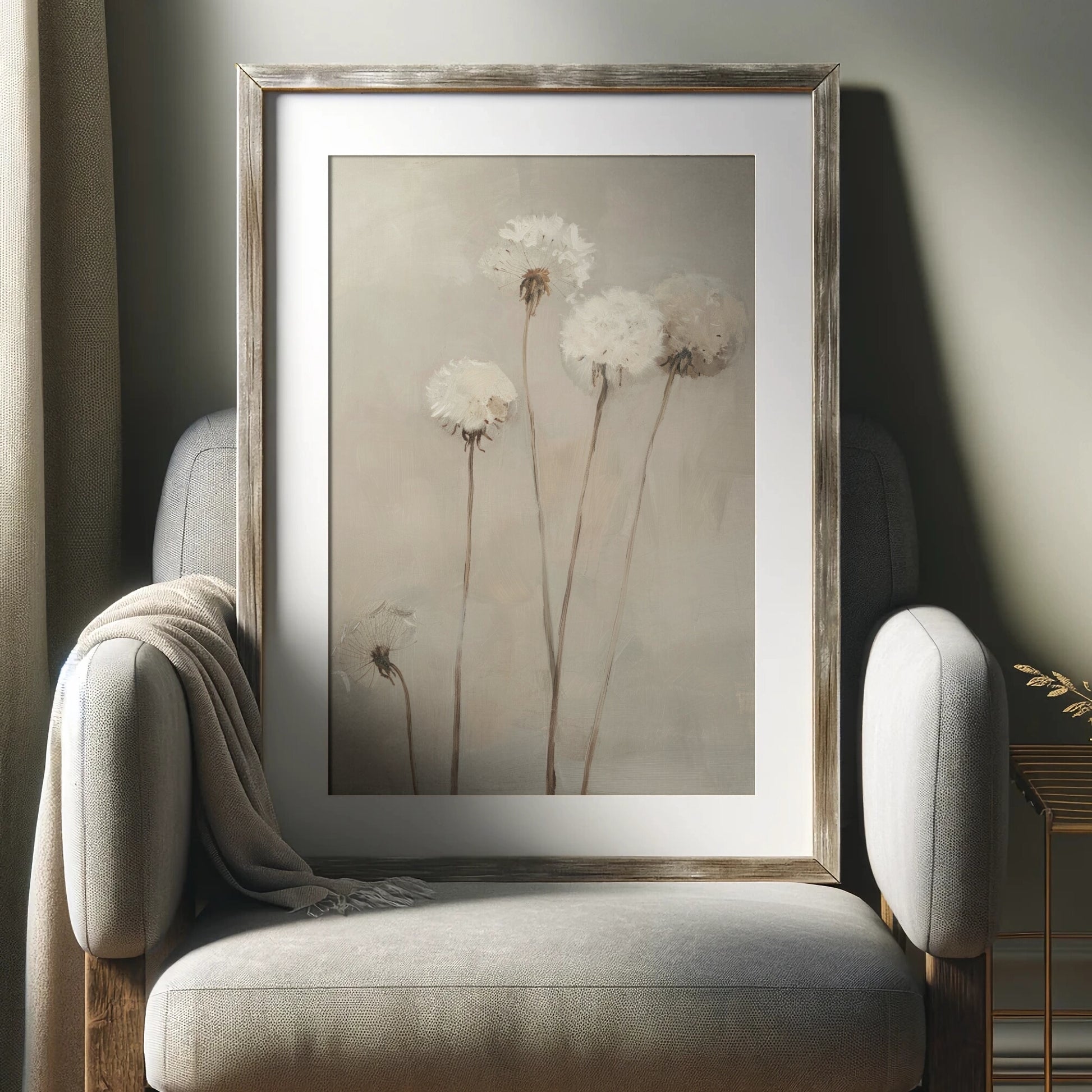 Framed artwork of dandelions on a neutral-colored armchair.