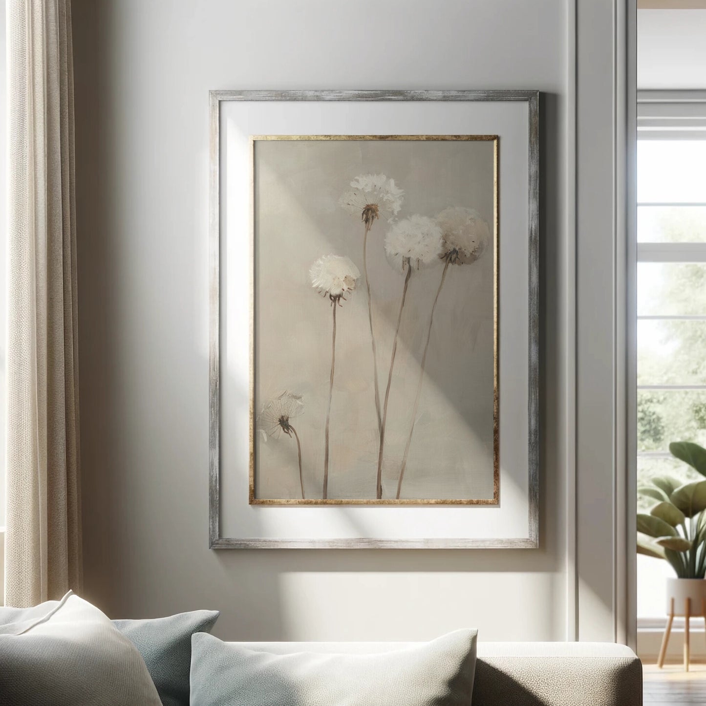 Framed floral artwork on a wall in a living room