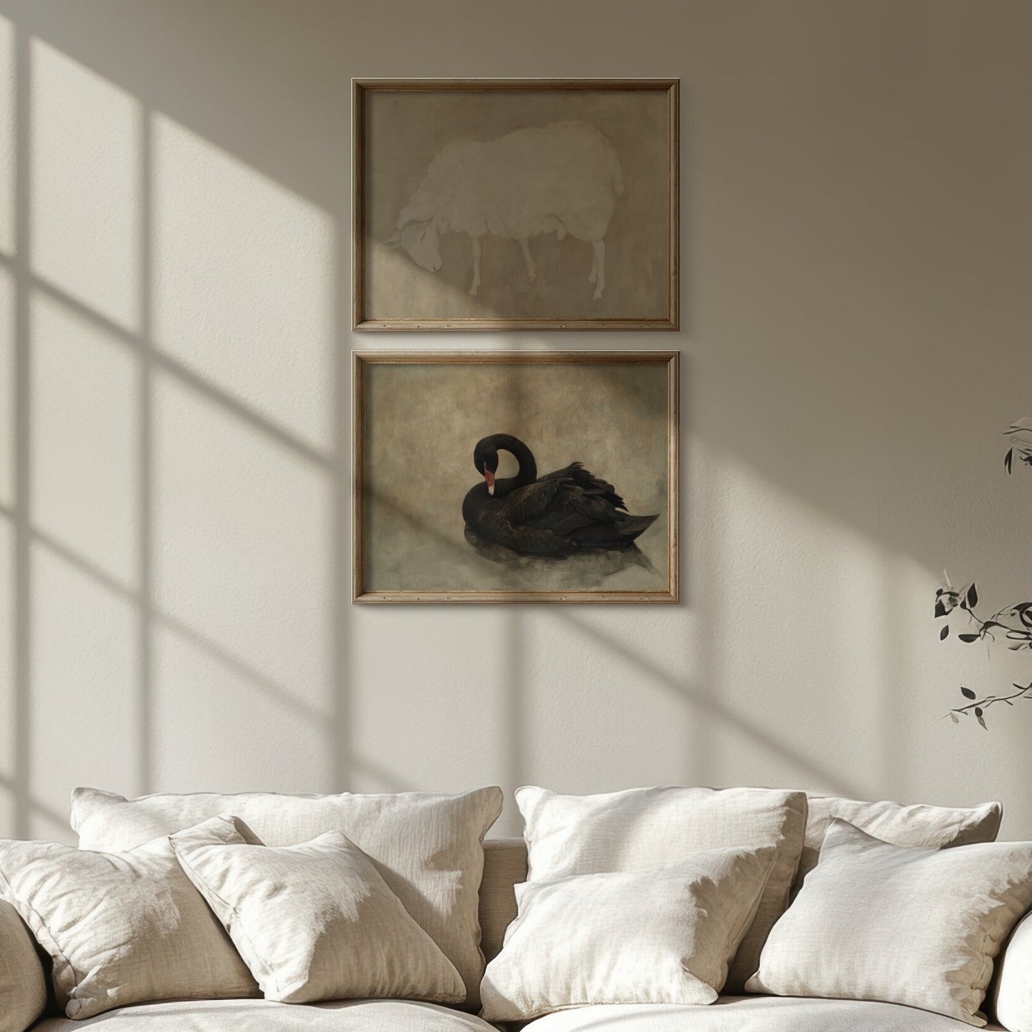 Two framed artworks of a sheep and a black swan on a wall above a sofa with cushions.