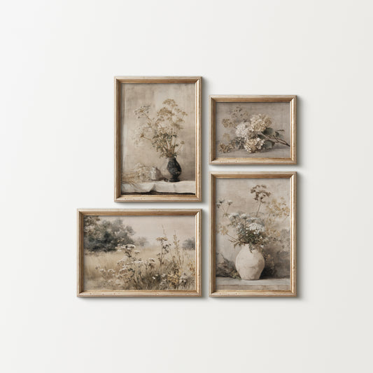 Set of four framed botanical prints on a white wall