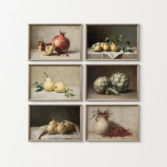 Set of six framed still life paintings on a white wall.