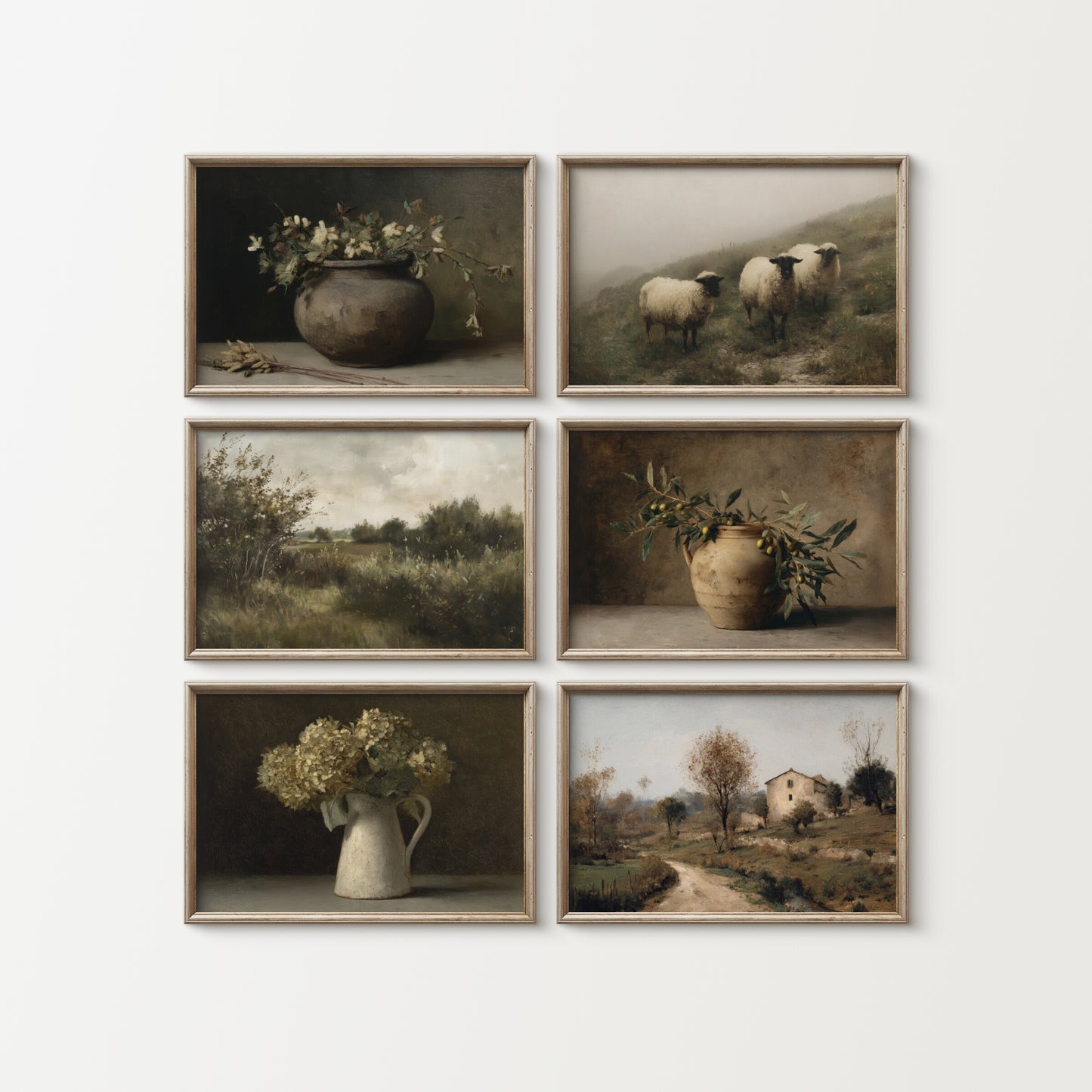 Set of six framed prints featuring natural landscapes and still life with pots and plants.