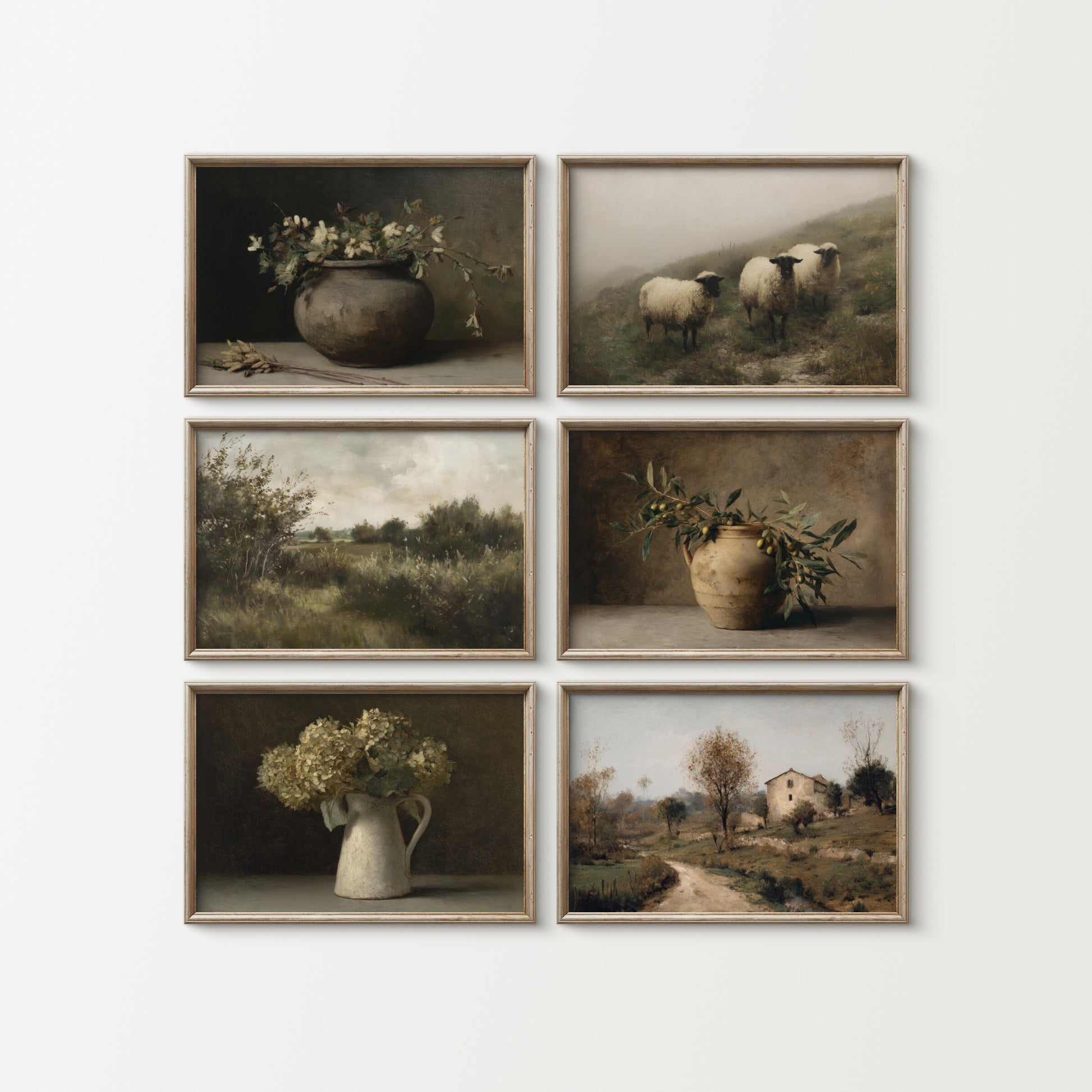 Set of six framed prints featuring natural landscapes and still life with pots and plants.