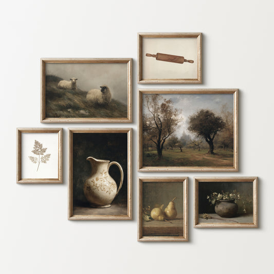 Collection of framed paintings on a wall