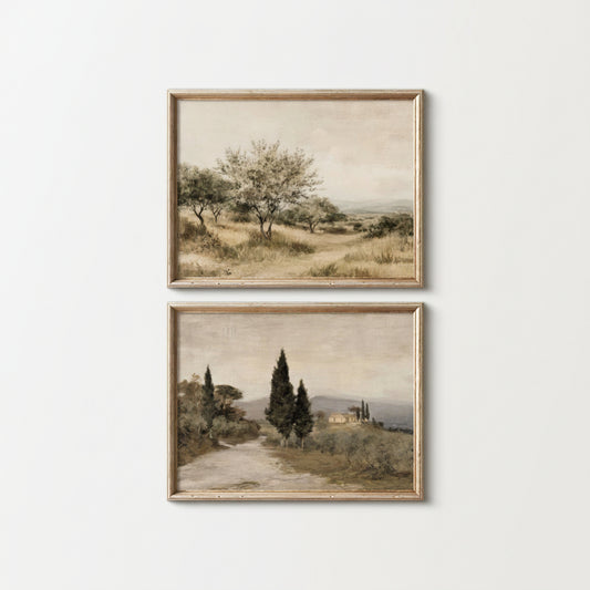 Two framed landscape prints by Fleur Vie Vintage Art Gallery on a white background.
