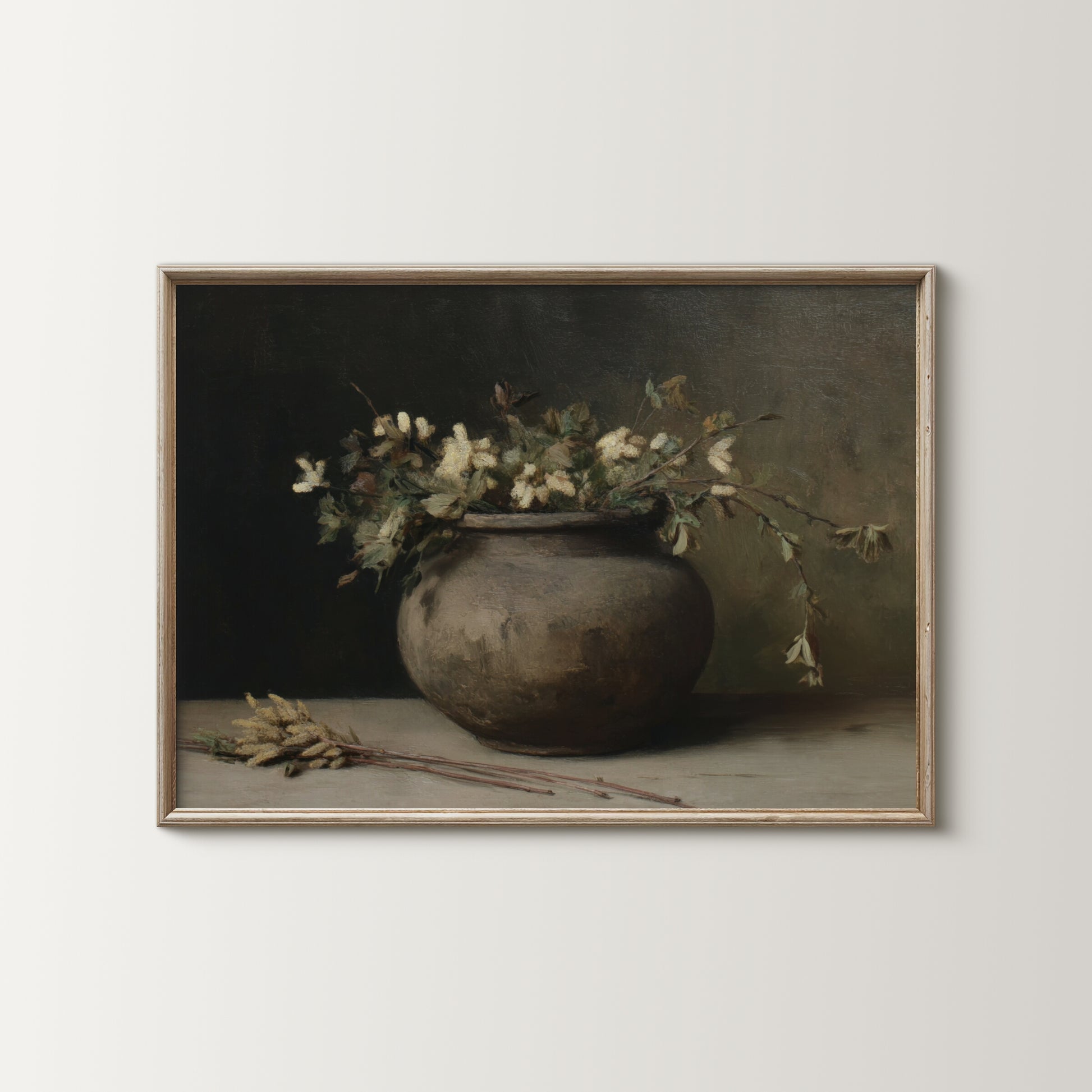Framed painting of a still life with a pot and flowers on a neutral background