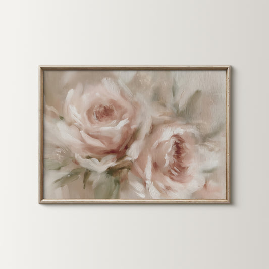 Framed artwork of pink roses on a light background
