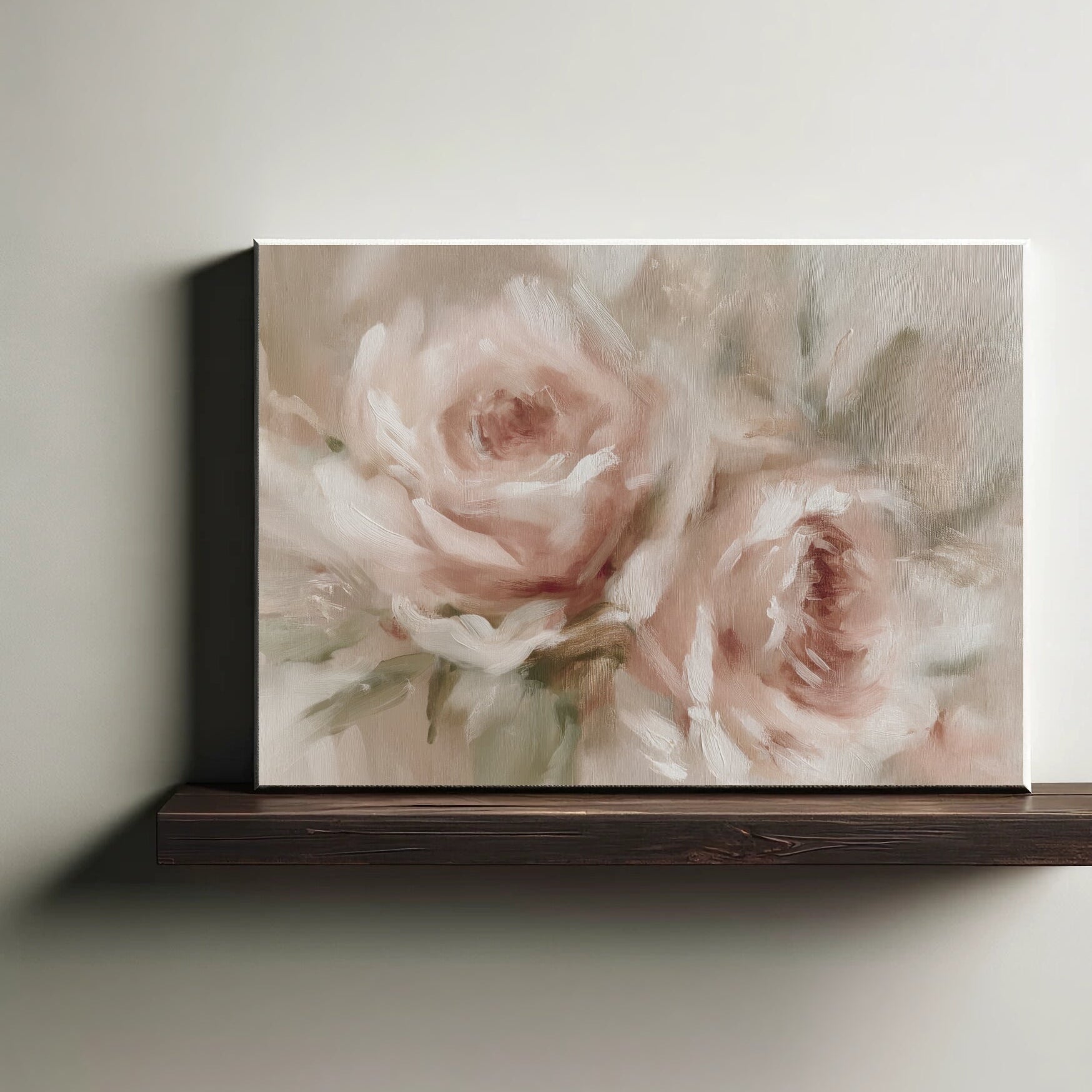 Floral painting on a wooden shelf against a light wall