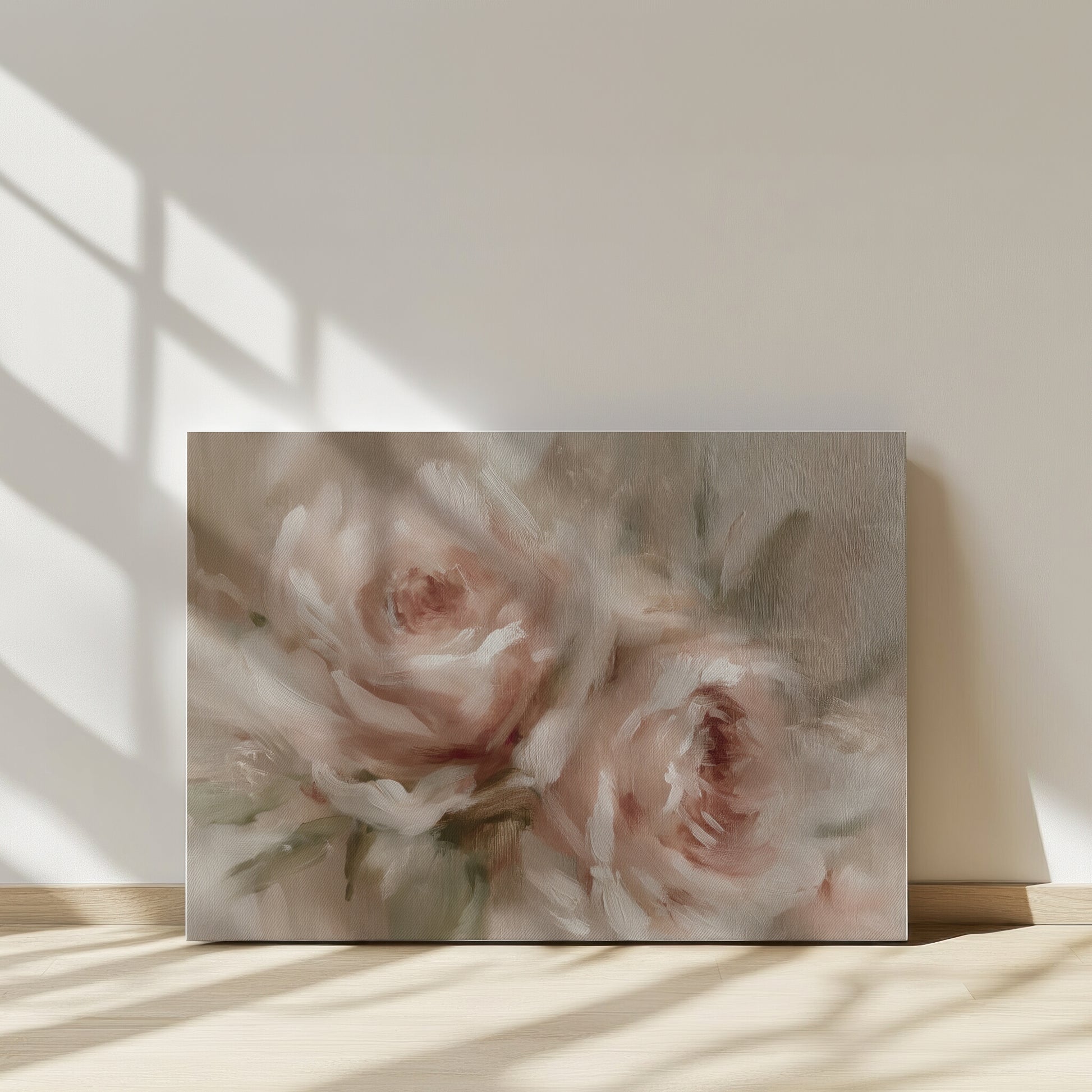 Floral painting on a wall with sunlight casting shadows