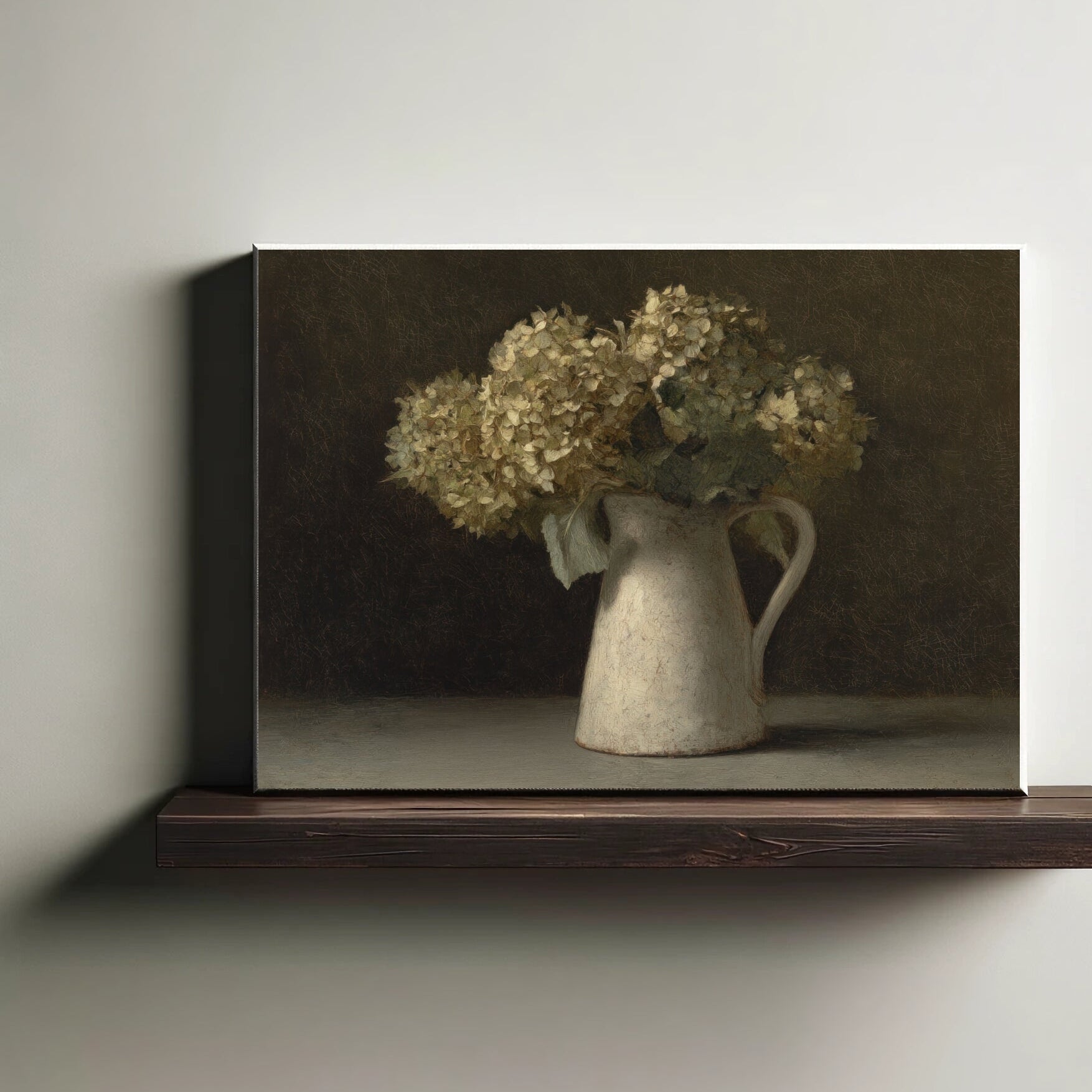 Canvas print of a still life painting with flowers in a vase on a wooden shelf.