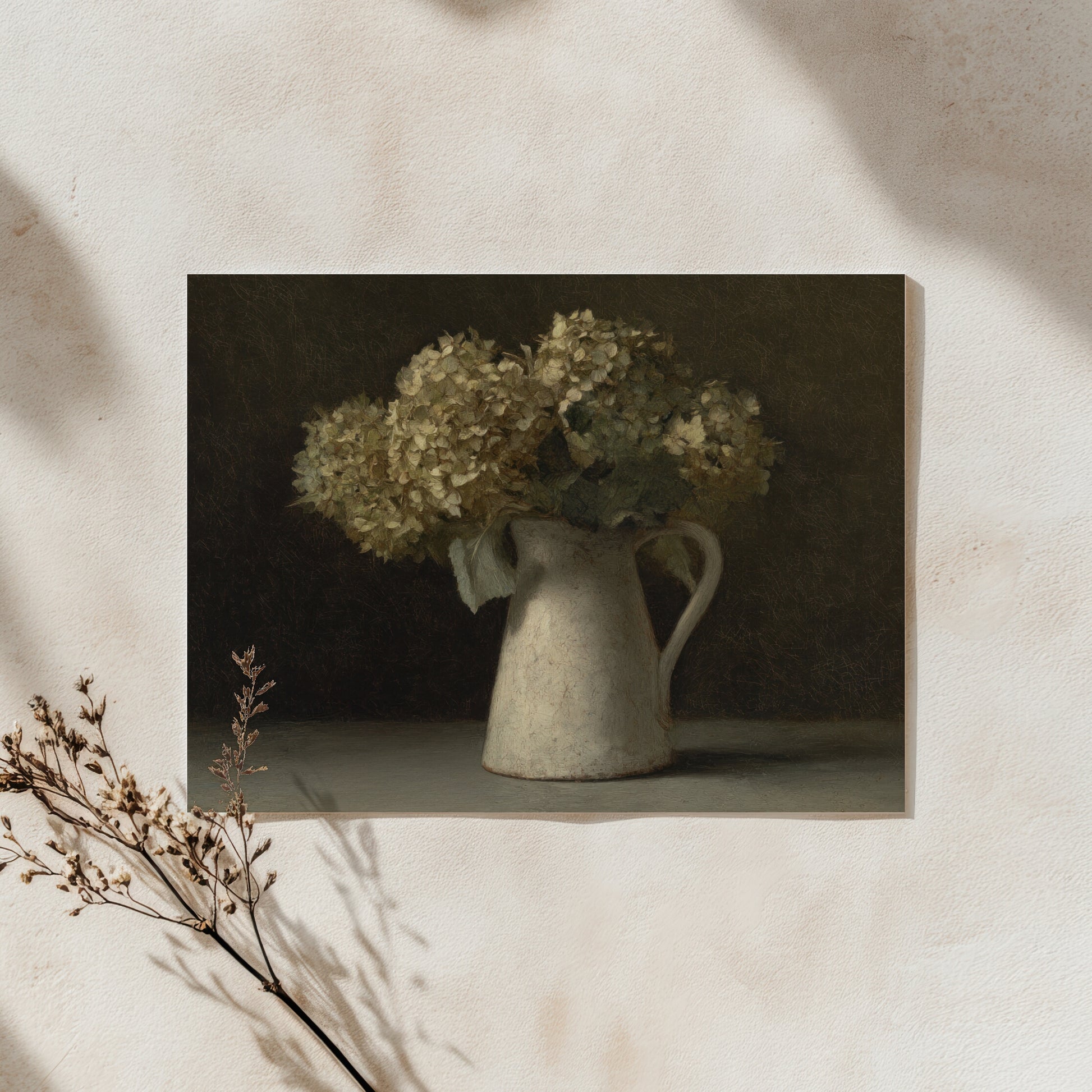 Still life with a pitcher of flowers on a dark background