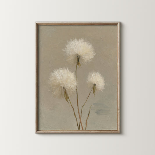 Framed artwork of three white flowers on a beige background