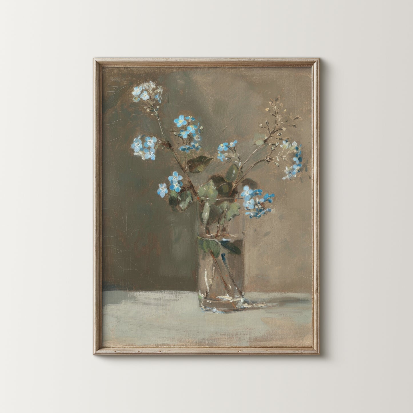 Framed painting of a still life with flowers in a glass vase on a neutral background