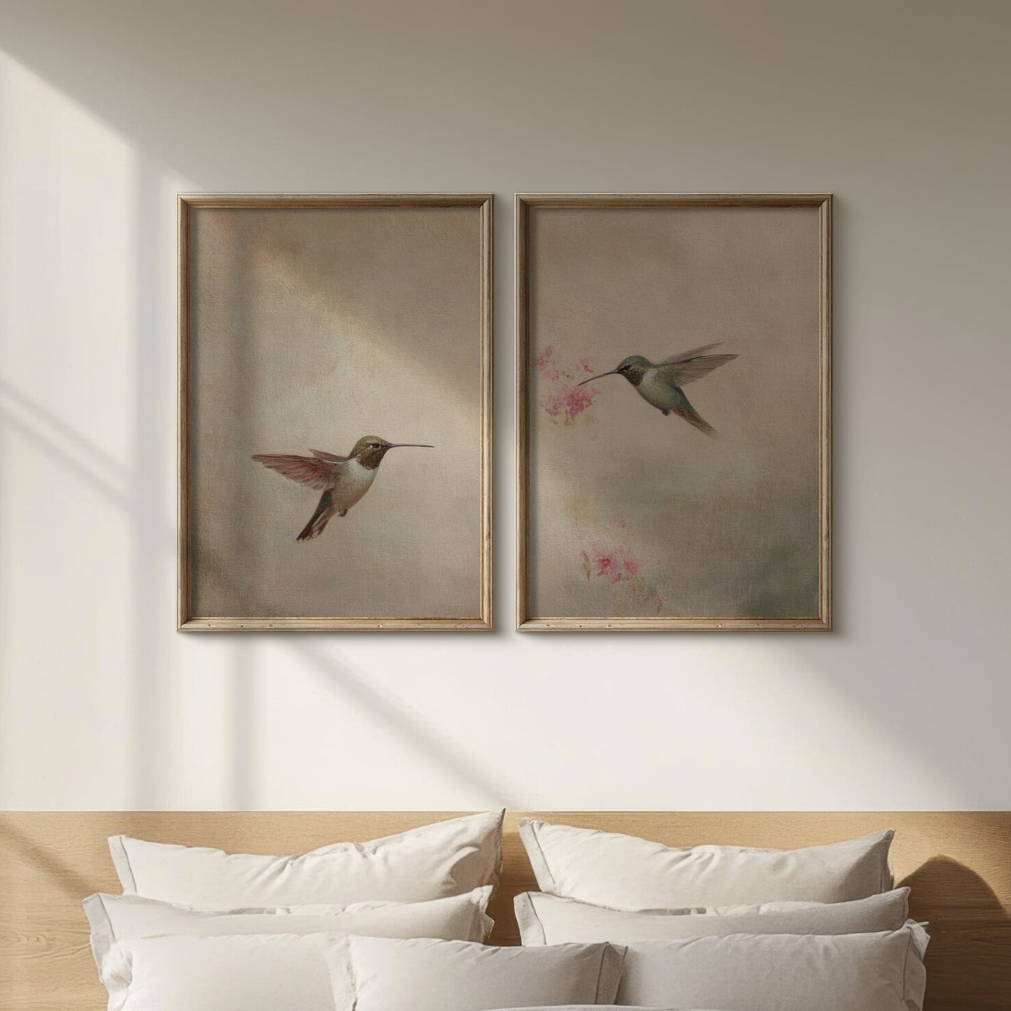 Two framed paintings of hummingbirds on a wall above a bed.