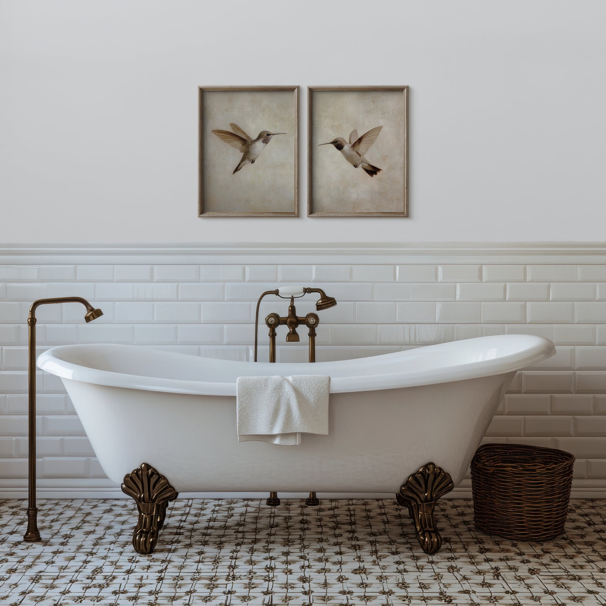 White freestanding bathtub with bronze fixtures in a bathroom with white tiled walls and a wicker basket.
