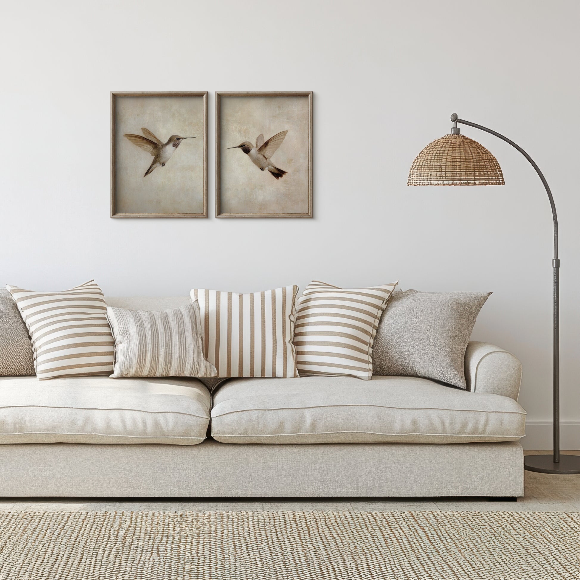 Beige sofa with striped cushions in a living room setting with framed artwork and a floor lamp.