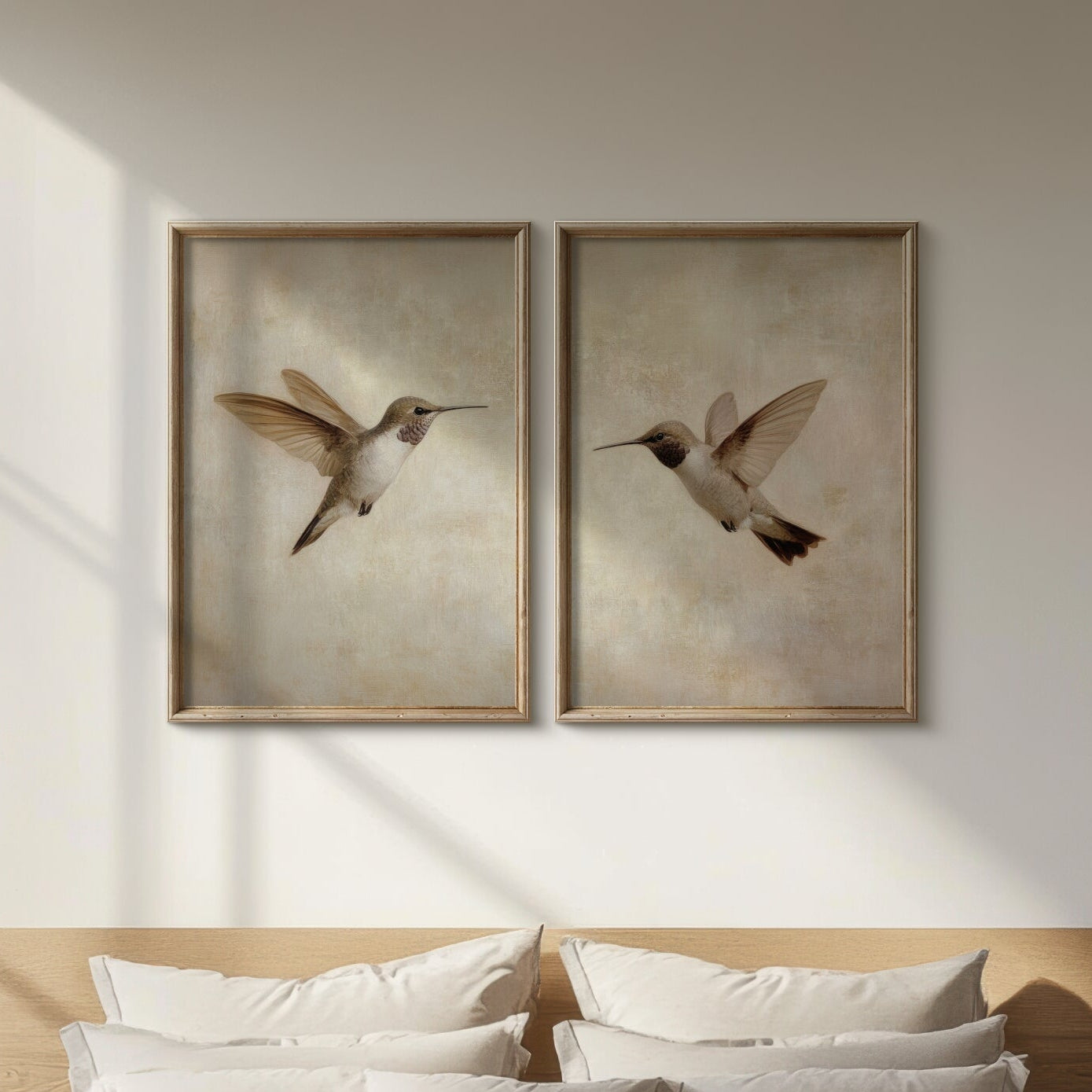 Two framed artworks of hummingbirds on a wall above a bed.