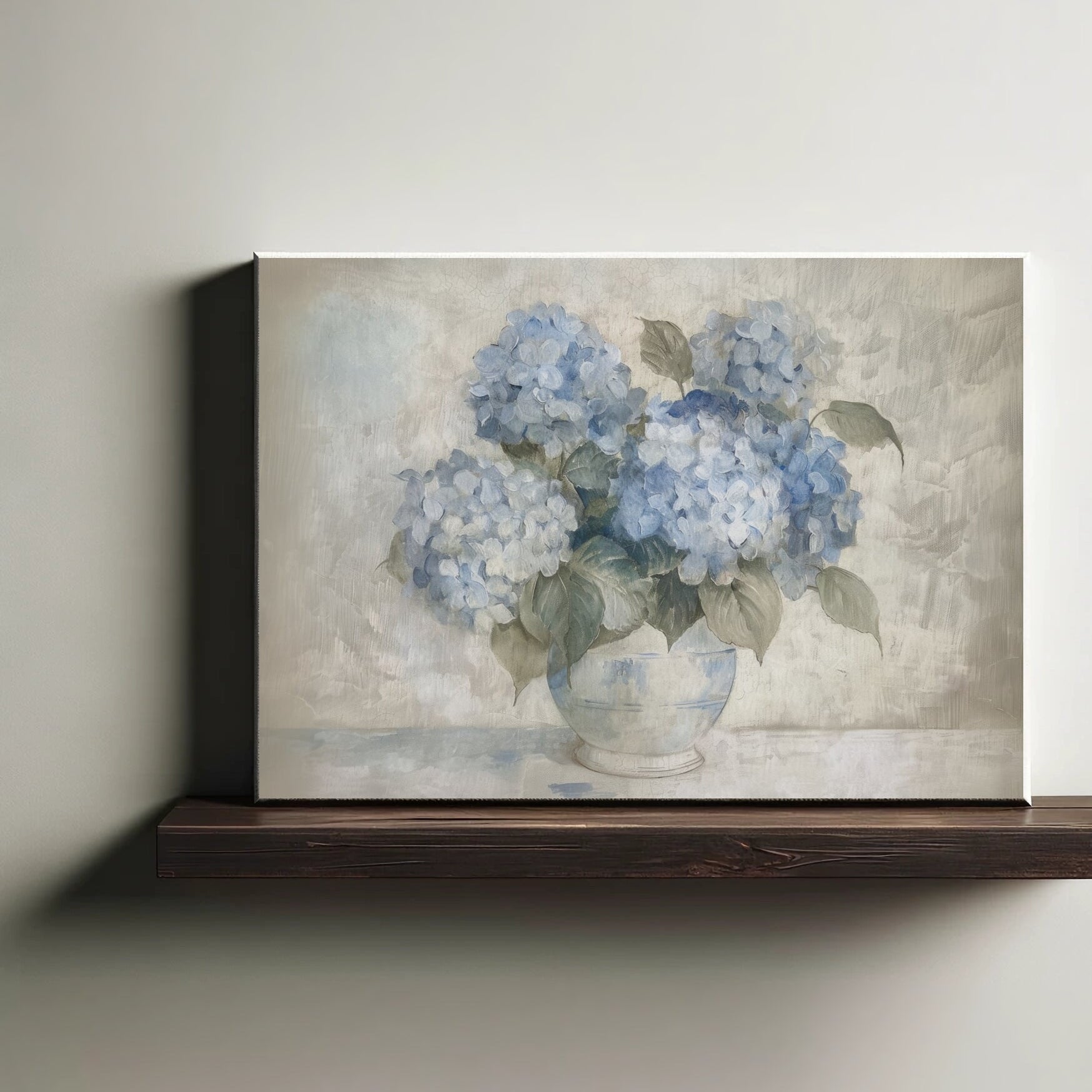 Floral painting on a wooden shelf against a plain wall