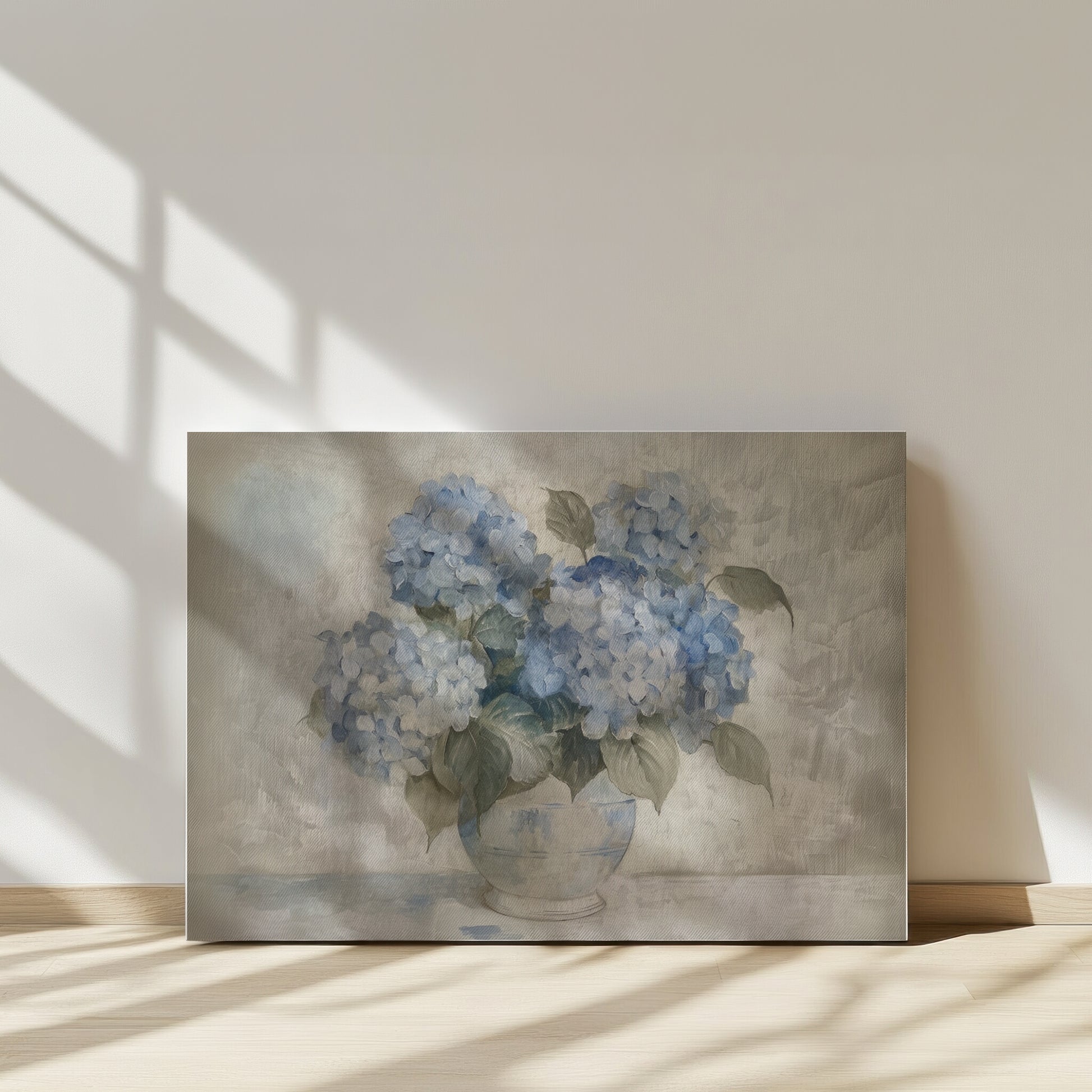 Art print of blue hydrangeas in a vase on a neutral background