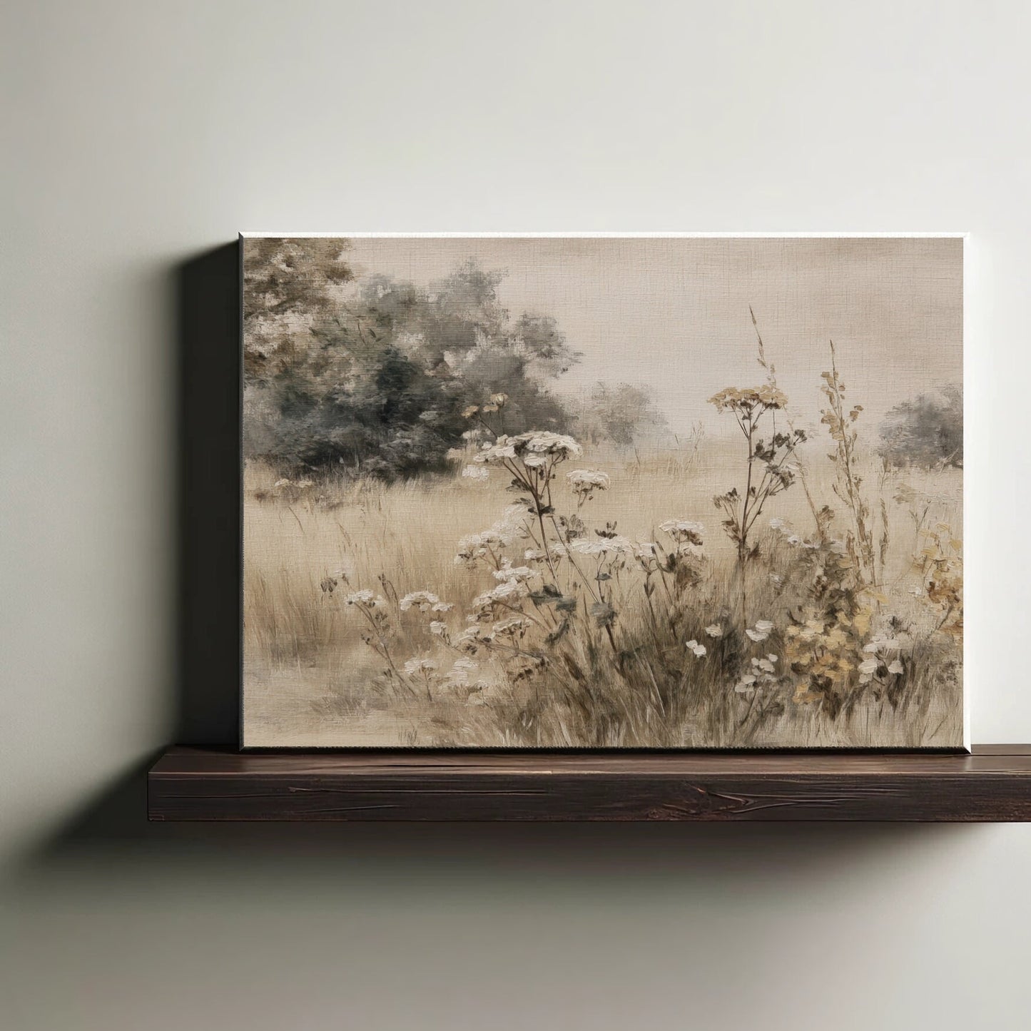 Canvas print of a nature scene with flowers on a wooden shelf against a plain wall.