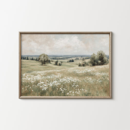 Vintage Wildflower Meadow Landscape, Muted Field Oil Painting Print (Digital Download Painting)