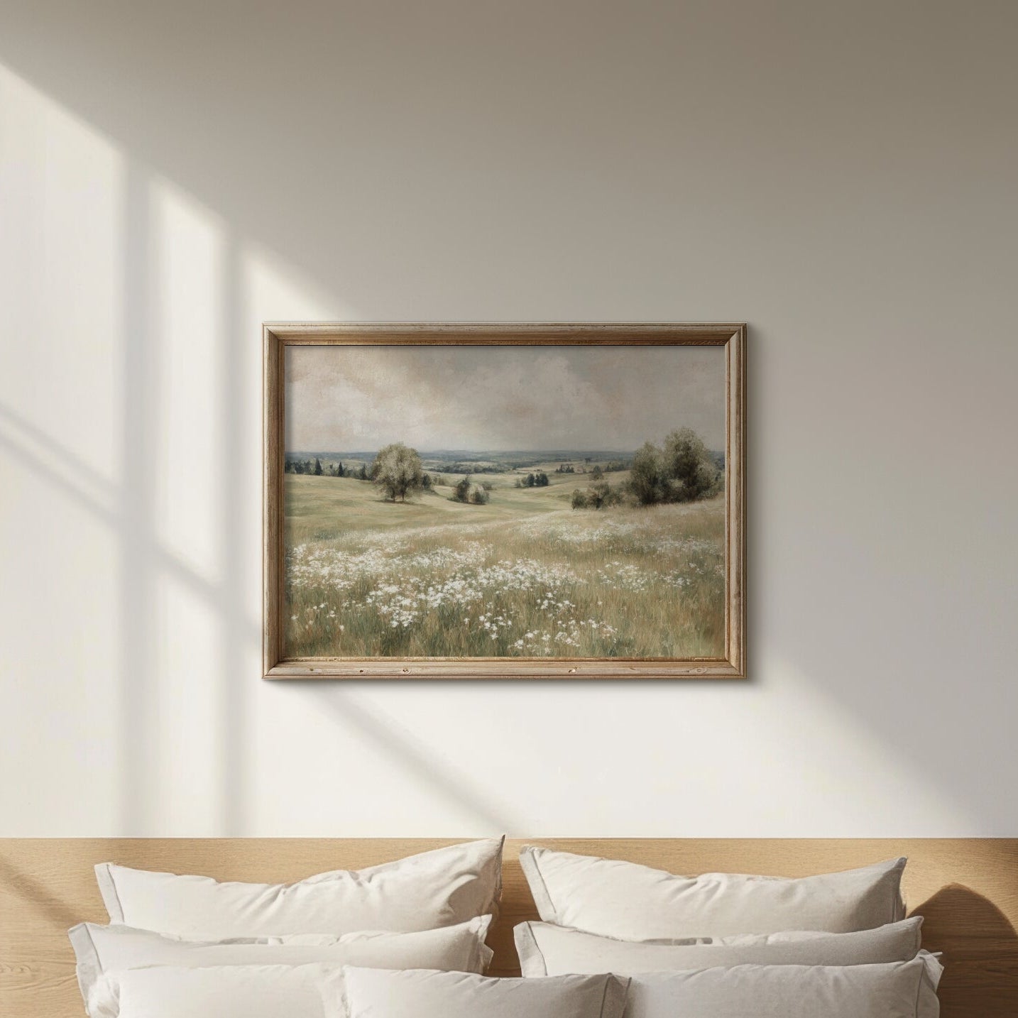Framed landscape painting on a wall above a bed with white pillows