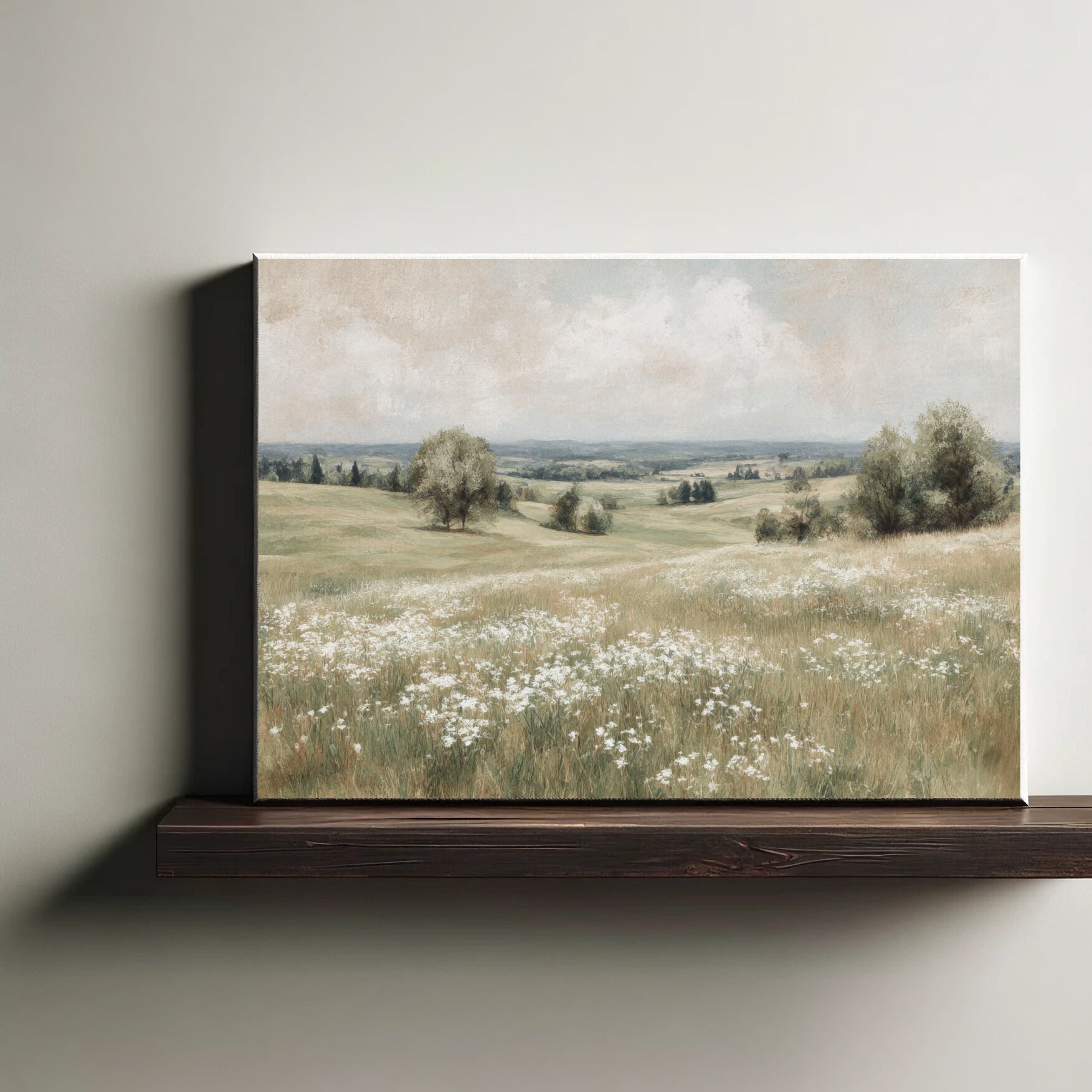 Framed landscape painting of a field with white flowers and trees on a wall.