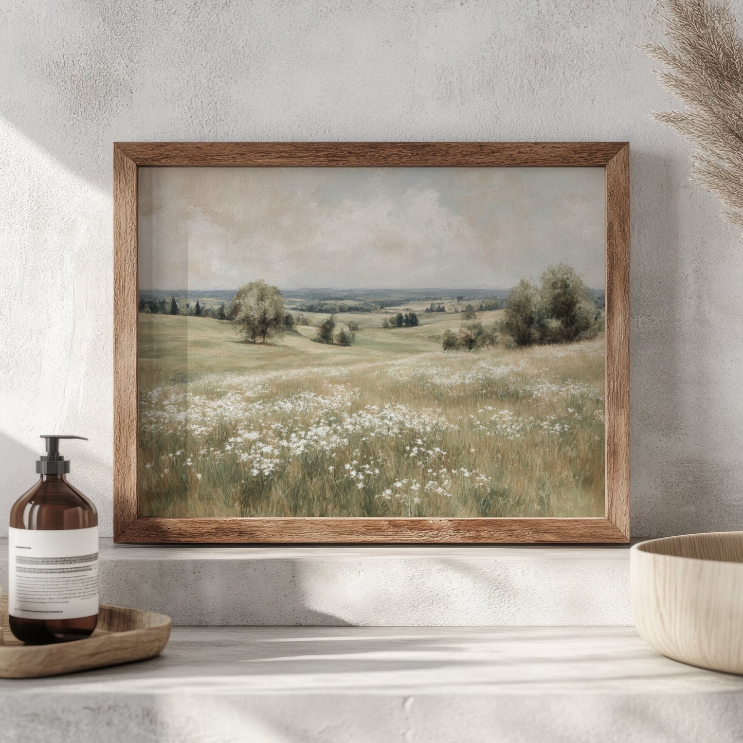 Vintage Wildflower Meadow Landscape, Muted Field Oil Painting Print (Digital Download Painting)