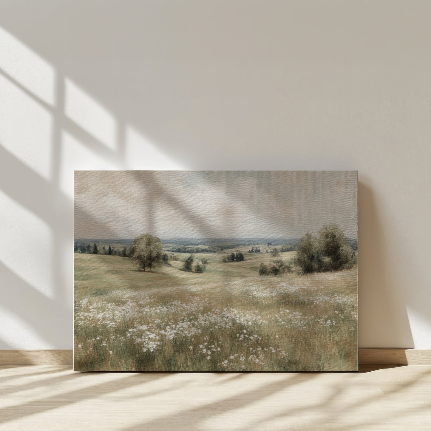 Vintage Wildflower Meadow Landscape, Muted Field Oil Painting Print (Digital Download Painting)