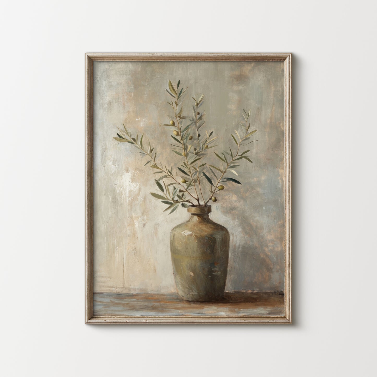Framed painting of a vase with olive branches on a textured background